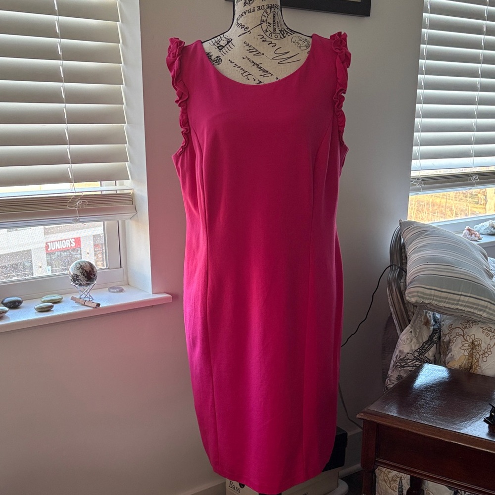 Talbots Hot Pink Ruffle-Shoulder Midi Shift Dress
